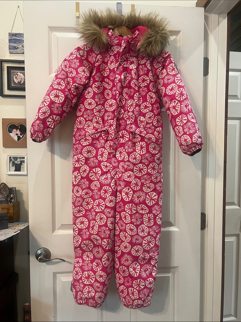 Kids Insulated Pink Patterned Winter Snowsuit with Faux Fur Trim Hood